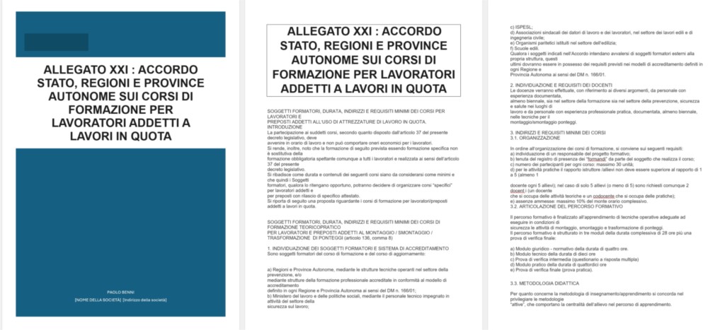 ALLEGATO XXI : ACCORDO STATO, REGIONI E PROVINCE AUTONOME SUI CORSI DI FORMAZIONE PER LAVORATORI ADDETTI A LAVORI IN QUOTA