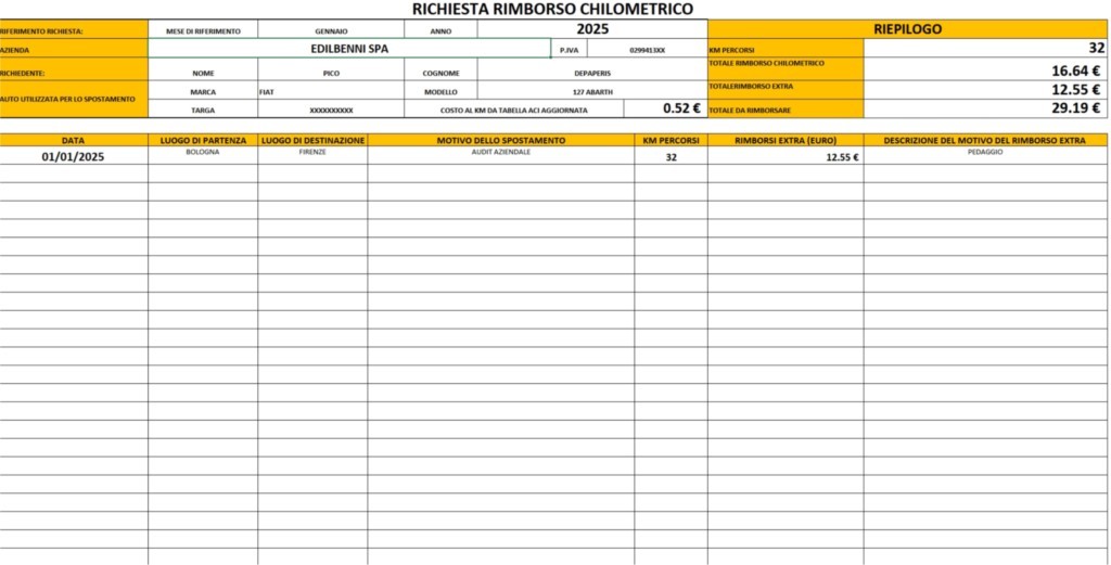 Modulo rimborso chilometrico Excel