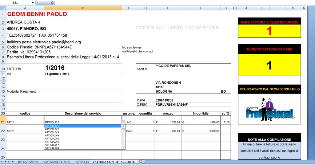 Fattura Con Ritenuta Acconto In Excel Gratis