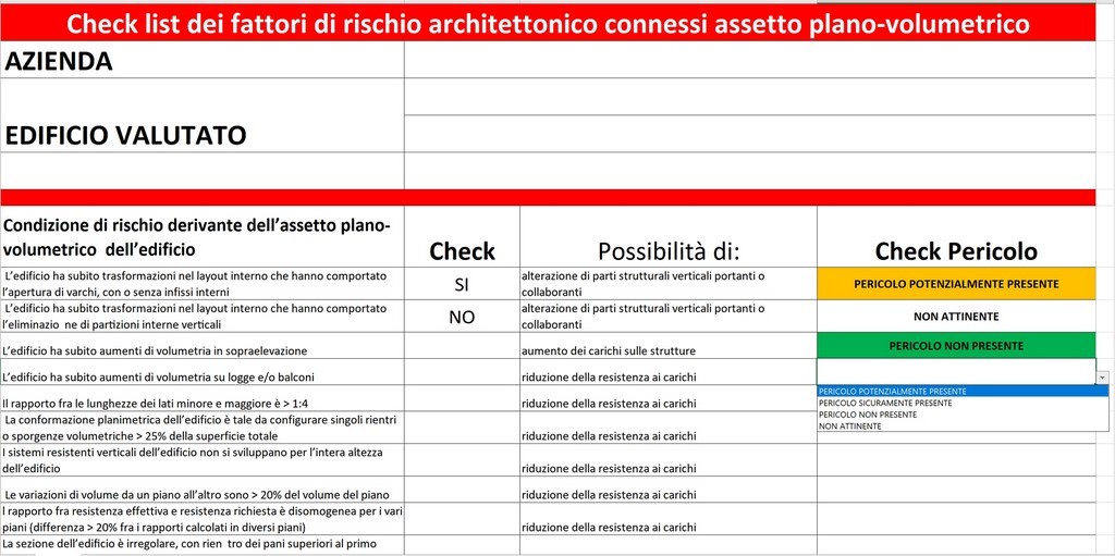 Check List In Excel Dei Fattori Di Rischio Architettonico Connessi Assetto Plano-Volumetrico